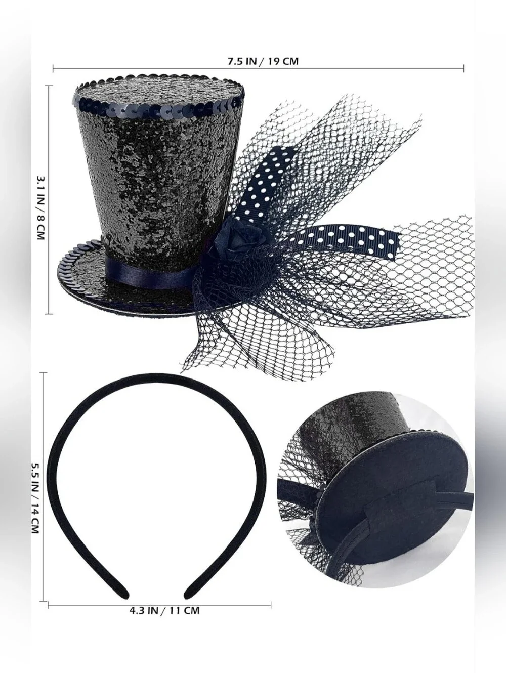 NWT Black Sequin Mini Top Hat Headband w/ Veil Music Festival Halloween Costume